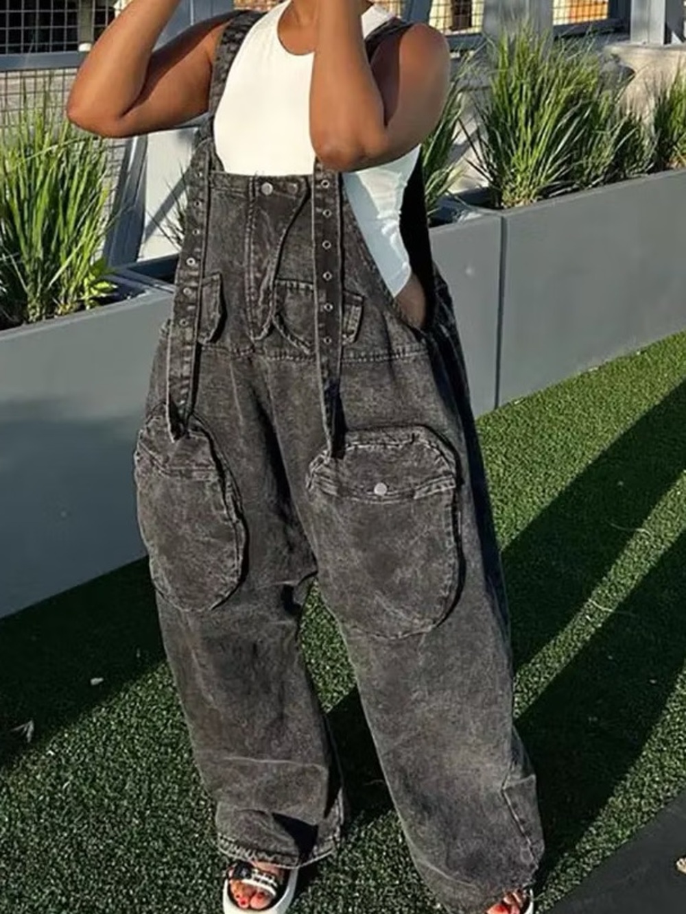 Washed Black Wide-Leg Denim Oversized Overalls